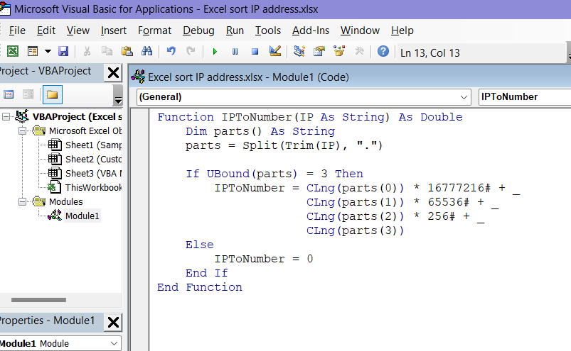 Insert VBA Macro to Sort IP Address in Excel