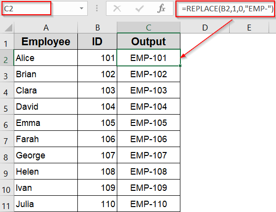 Insert REPLACE Function to Add Text at the Beginning