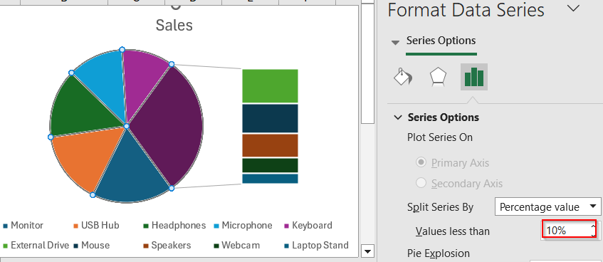 Steps to create a bar of pie chart in Excel