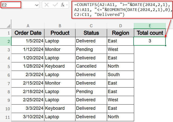 Count Entries for a Specific Month Using COUNTIFS and EOMONTH Functions