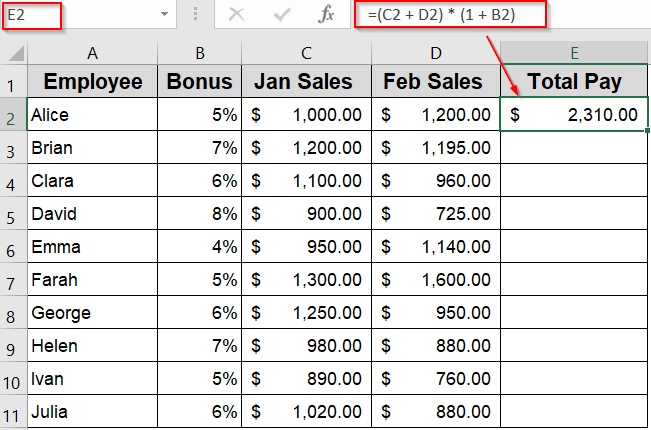 Example of Using Mixed Cell References to Calculate Total Pay with Bonus