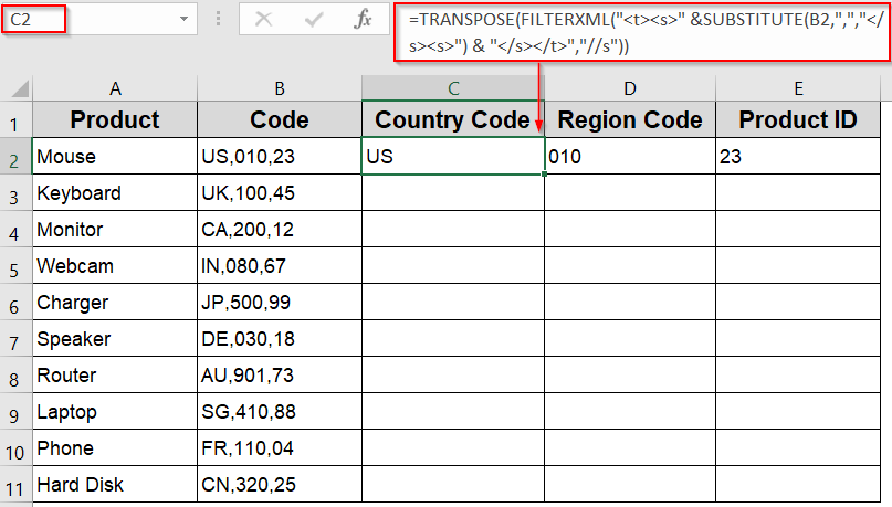 Apply FILTERXML with SUBSTITUTE Function to Split Text by Delimiter (Comma, Dash, Pipe)