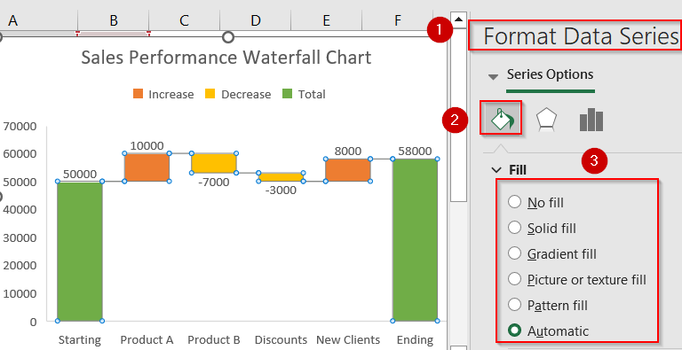 Insert Using Built-in Waterfall Chart Feature (Excel 2016 or Later)