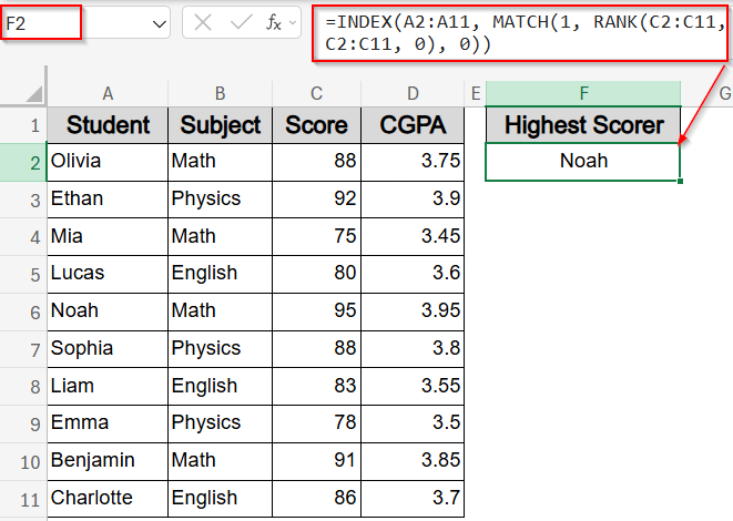 Use INDEX and MATCH Functions to Retrieve Students by Rank