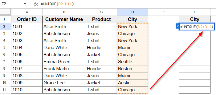 Applying Filter to Show Unique City Names