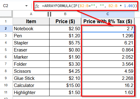 Apply the ARRAYFORMULA Function to Multiply an Entire Column