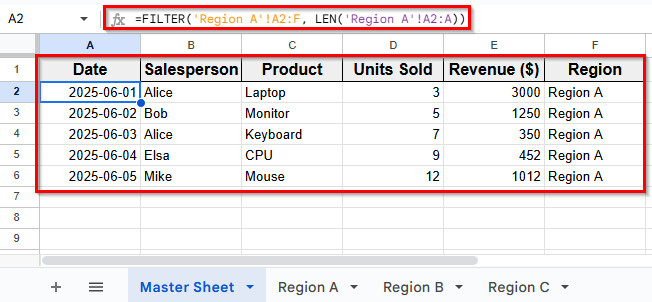 Use the FILTER Function to Pull Data Automatically