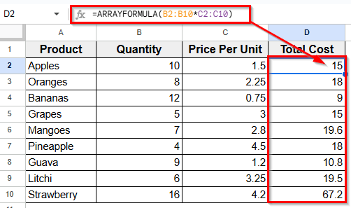 Inserting ARRAYFORMULA Function to Multiply Entire Columns at Once