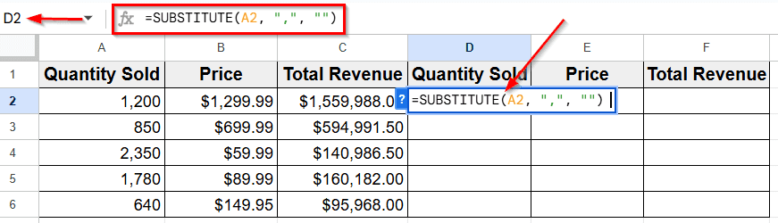 Remove Commas Using the SUBSTITUTE Function