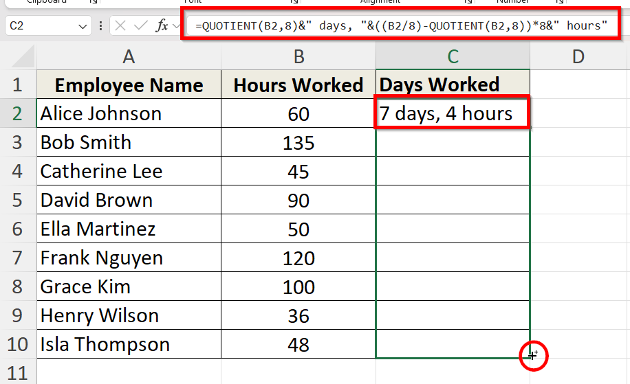 Convert Hours to Days for 8 Hour Working Day Format Using QUOTIENT Function