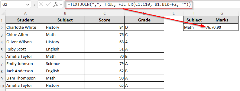 Using the TEXTJOIN and IF/FILTER Functions Return Multiple Values in a Cell