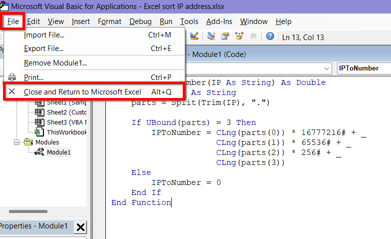 Insert VBA Macro to Sort IP Address in Excel