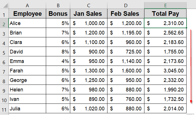 Example of Using Mixed Cell References to Calculate Total Pay with Bonus