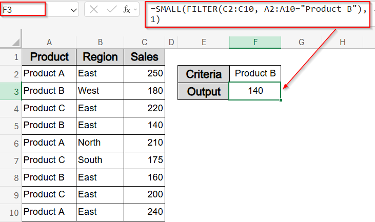Filter-Based Minimum Using SMALL and FILTER Functions