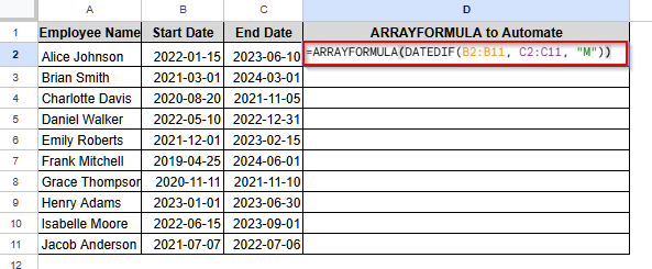 Automating the Calculation of Months Between Two Dates with the ARRAYFORMULA Function