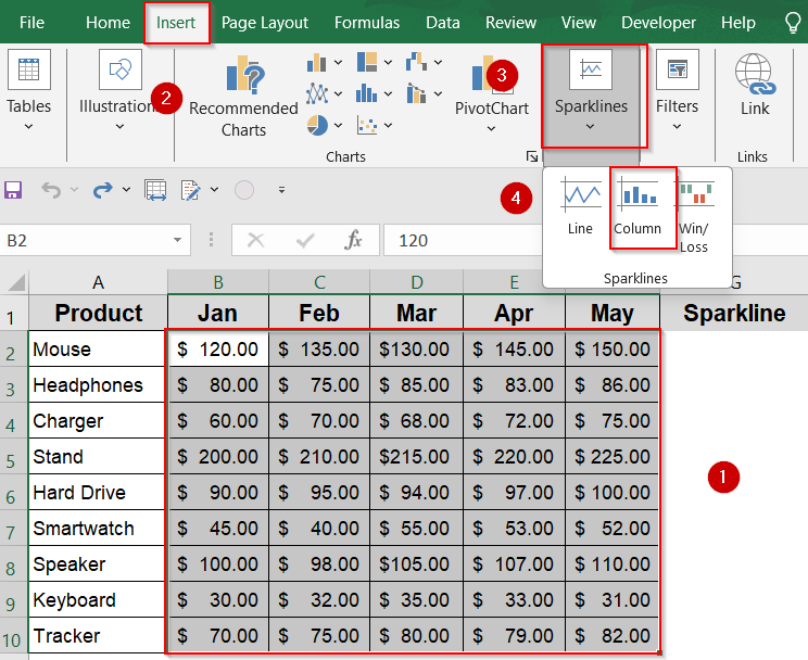 Insert Column Sparklines to Highlight Highs and Lows