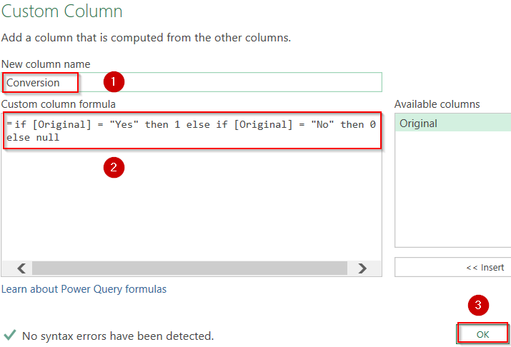 Convert Yes/No to 1/0 Using Power Query