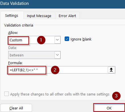 Apply Data Validation to Prevent Entries with Leading Spaces