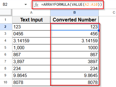 Inserting ARRAYFORMULA Function for Bulk Conversion