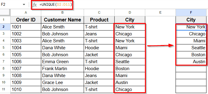 Applying Filter to Show Unique City Names