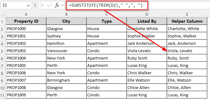 Insert a Comma Between Names Using the SUBSTITUTE and TRIM Functions