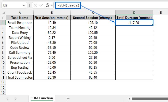 Add Times Using the SUM Function