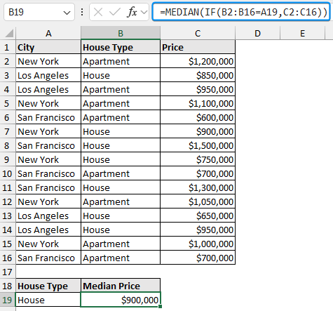 Excel median if using city & house prices dataset