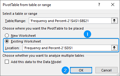 Select PivotTable location