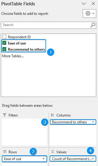Dragging fields into values rows and columns 