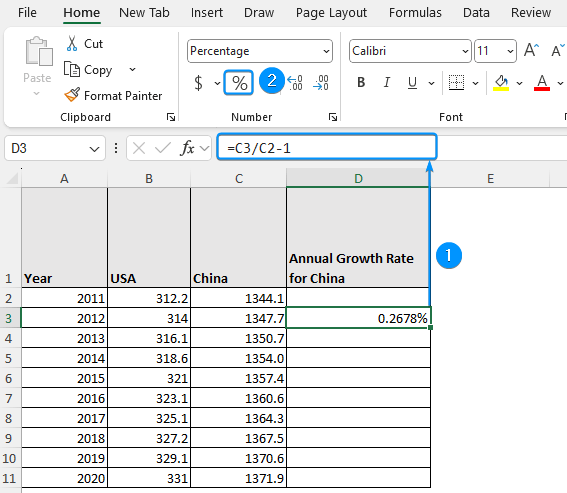 Calculating annual population growth rate and applying percentage formatting