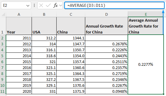 how to calculate population growth rate in Excel using average annual growth rate