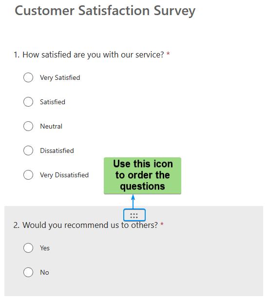 Icon to arrange the questions