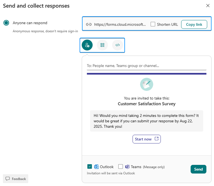 Options for collecting responses via email, QR code, etc.