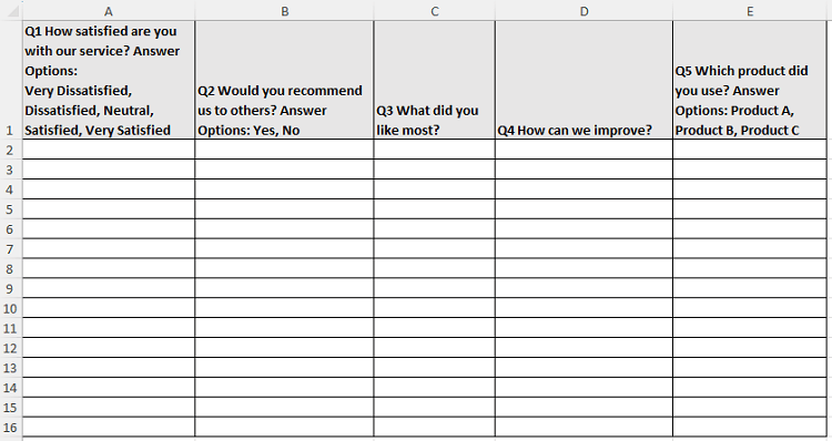 how to create a questionnaire in excel setting up column headers