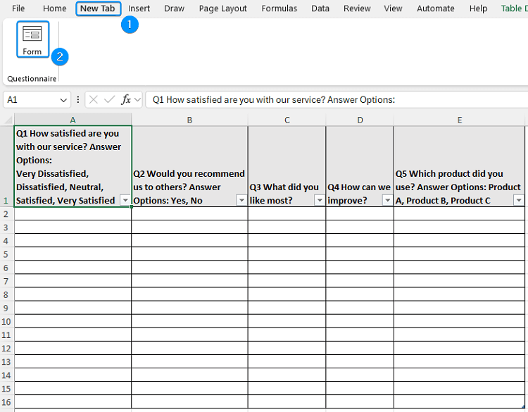 how to create a questionnaire in excel with built in Form feature
