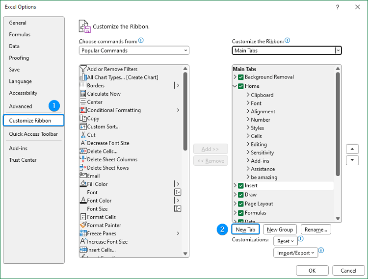 how to create a questionnaire in excel inserting new tab from Customize Ribbon 