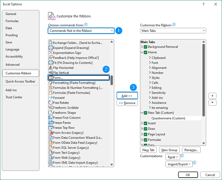 how to create a questionnaire in excel adding Form from Commands Not in the Ribbon 