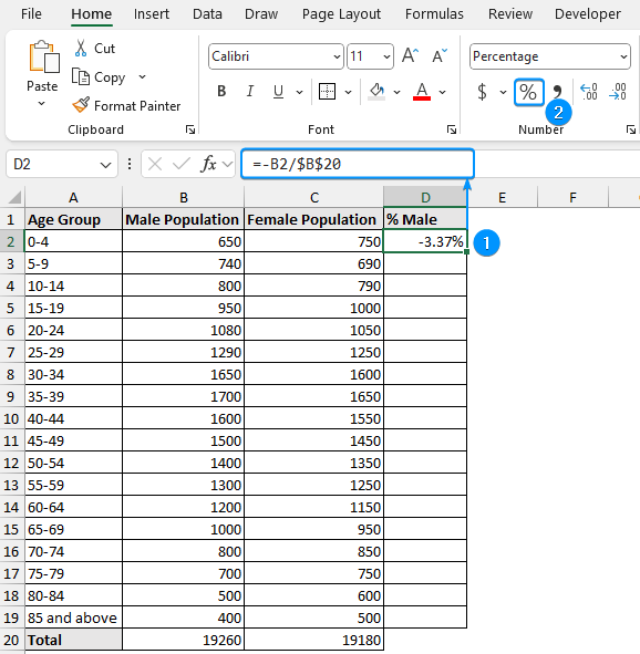 Calculating percentage of male population for each group of population pyramid in Excel