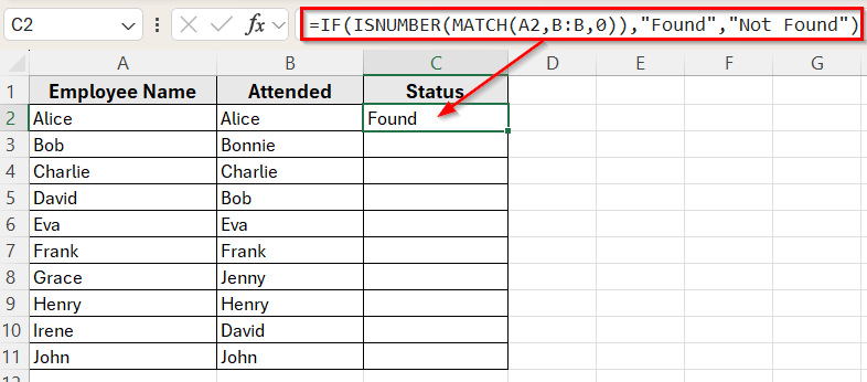 Check If a Value Exists in Another Column Using MATCH Function