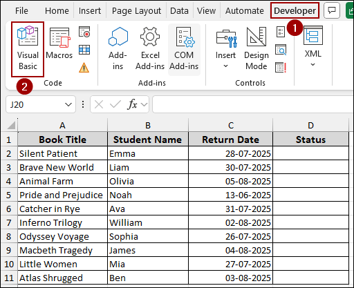 Applying VBA Code to Display Status Based on Today’s Date