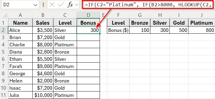 Nested IF with HLOOKUP to Apply Custom Bonus Rules