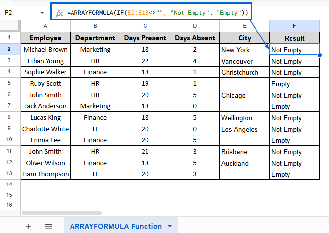 Using ARRAYFORMULA to Display Empty Cells At Once