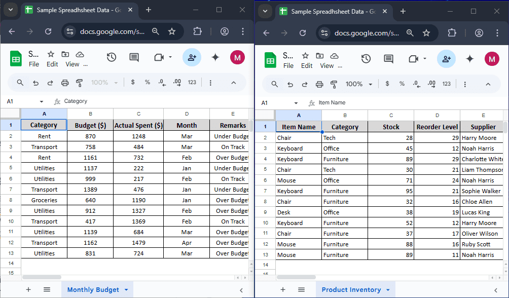 Split Screen Different Sheets Using Multiple Browser Windows