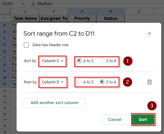 Sorting Multiple Columns with Sort Range from the Menu Bar