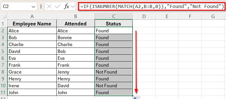 Check If a Value Exists in Another Column Using MATCH Function