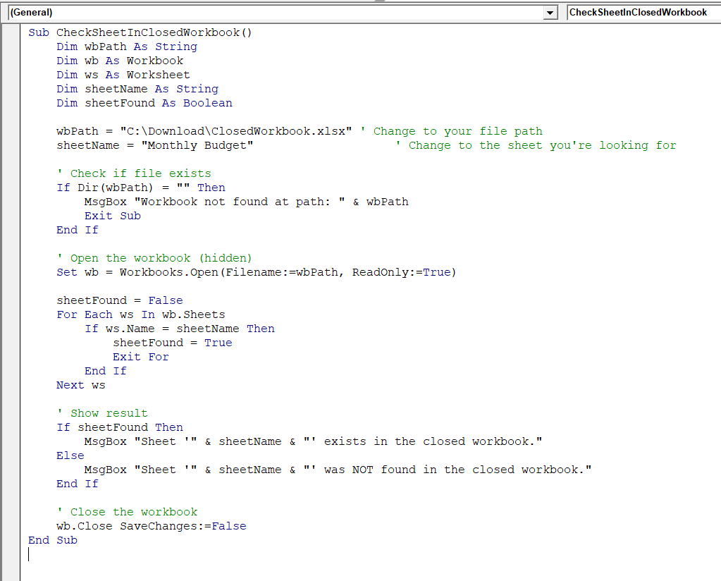 Check If the Sheet Exists in a Closed Workbook