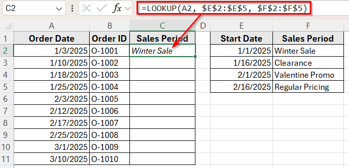 Use LOOKUP Function for Sorted Date Ranges