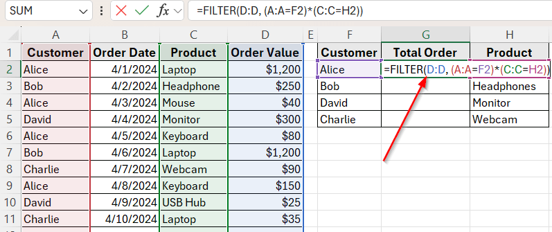 Lookup Multiple Values with Multiple Criteria Using FILTER
