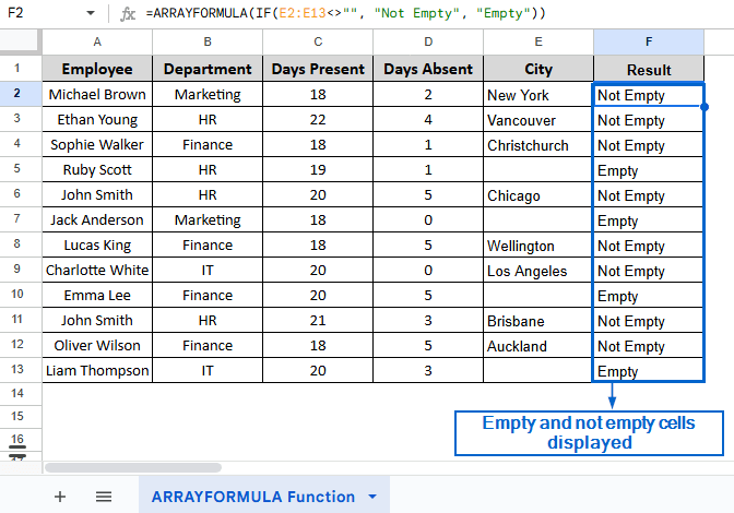 Using ARRAYFORMULA to Display Empty Cells At Once
