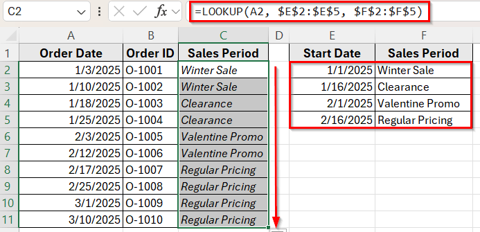 Use LOOKUP Function for Sorted Date Ranges